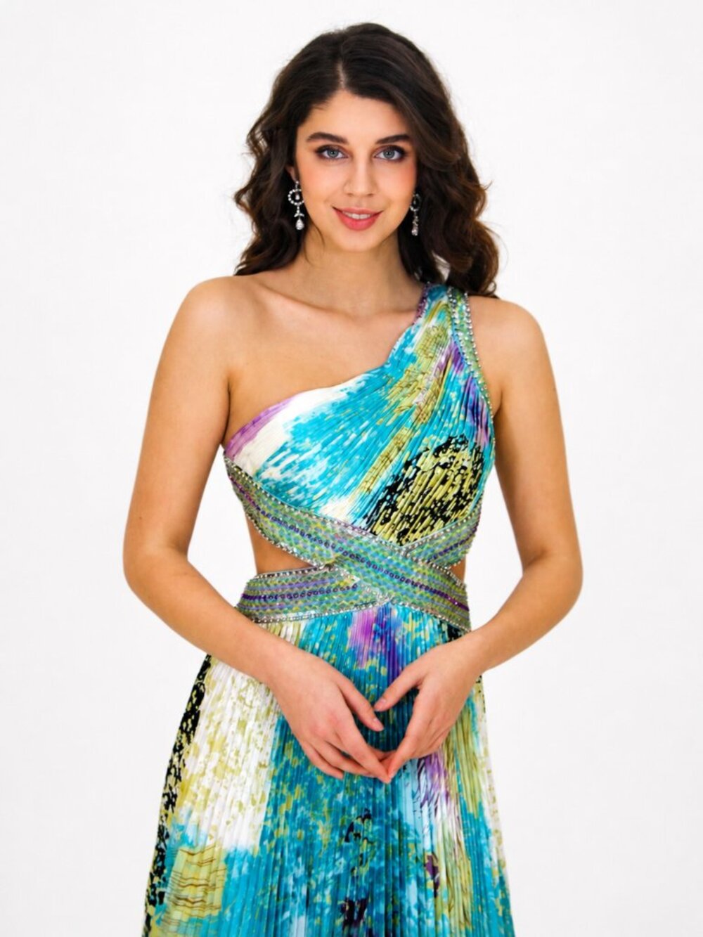NWT One-Shoulder, Open Back Blue and Purple Multicolor Pleated Dress, Size S - Picture 2 of 4